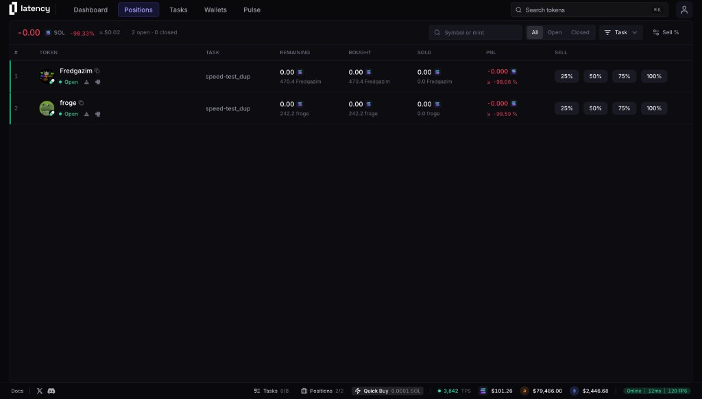 Positions page with combined PnL, All Open Closed filters, and a table of token, task, remaining, bought, sold, PnL, and sell actions