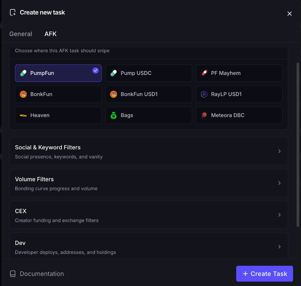 Create new task modal on the AFK tab with platform grid and Social, Volume, CEX, and Dev filter groups