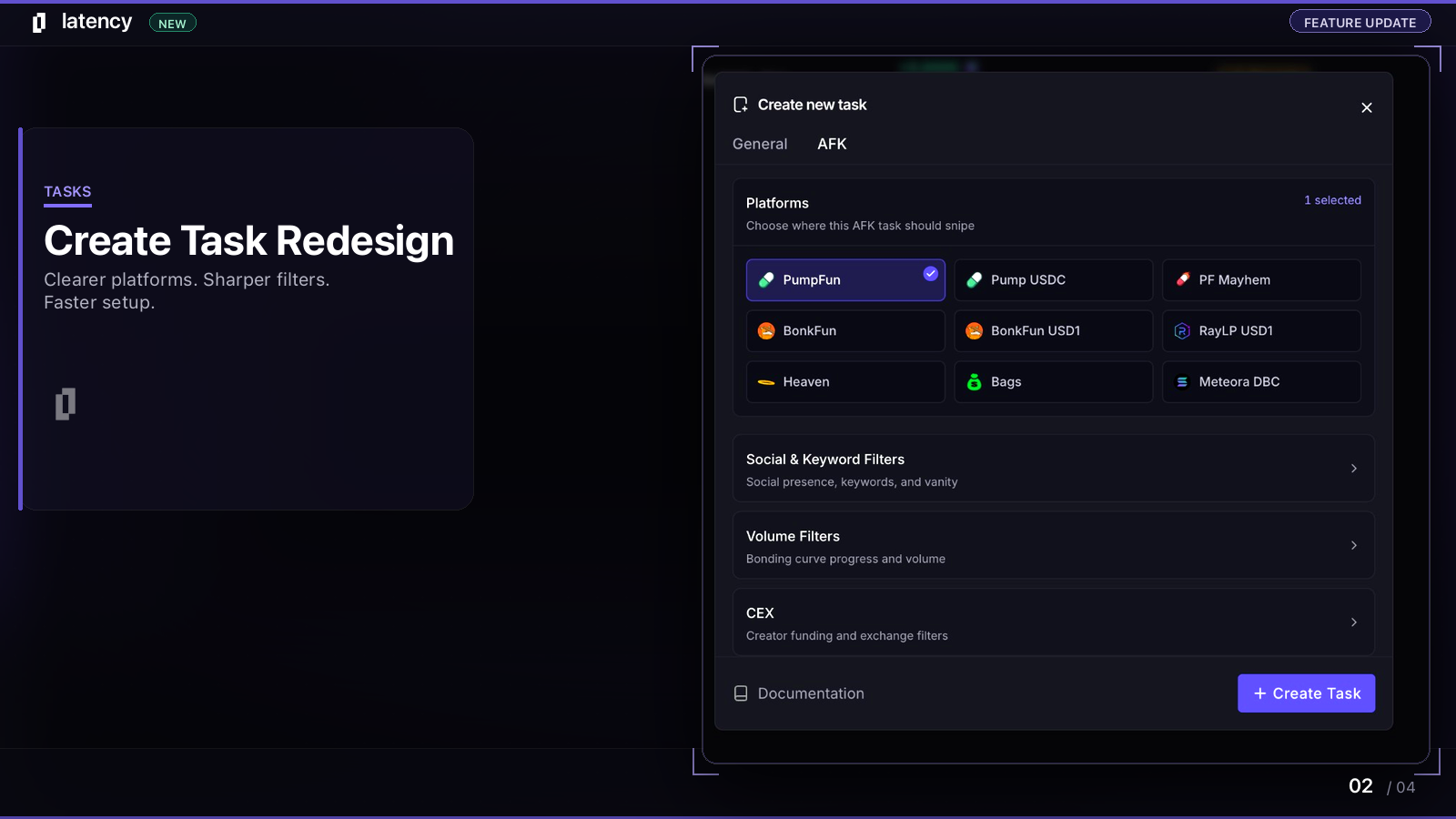 Create new task modal with platform grid and filters